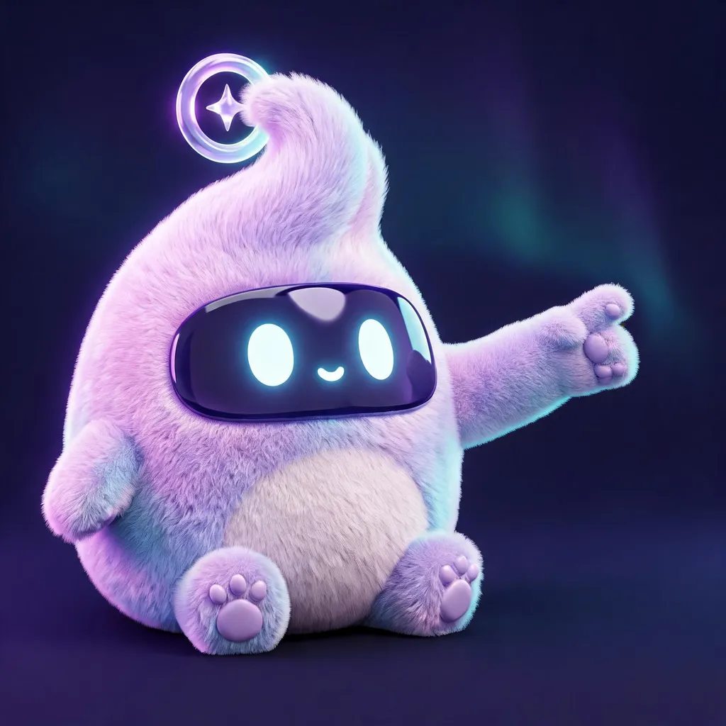 Muse, MuseAI's fluffy mascot, pointing toward the aurora