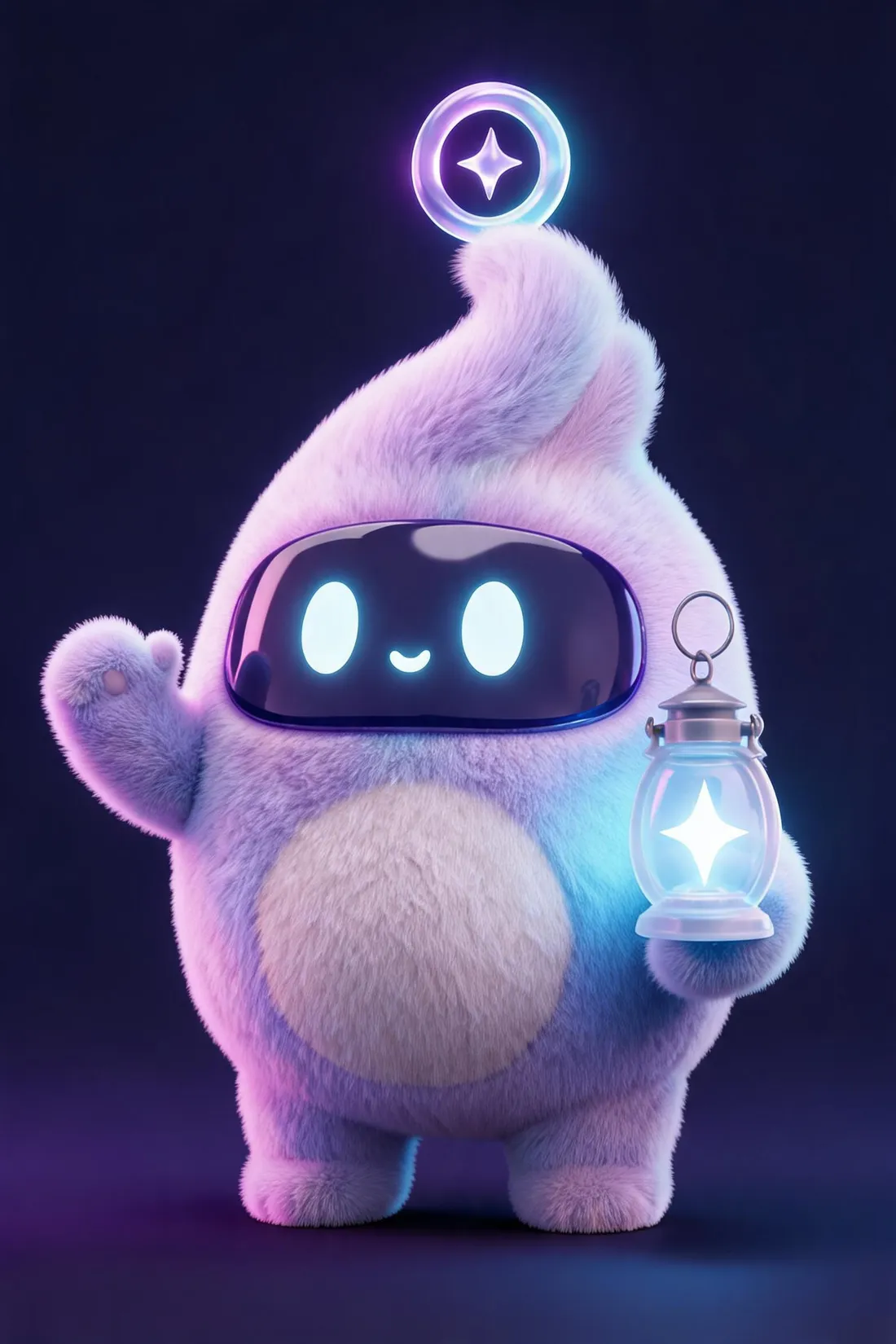 Muse, MuseAI's fluffy mascot and concierge, holding a lantern and waving you in